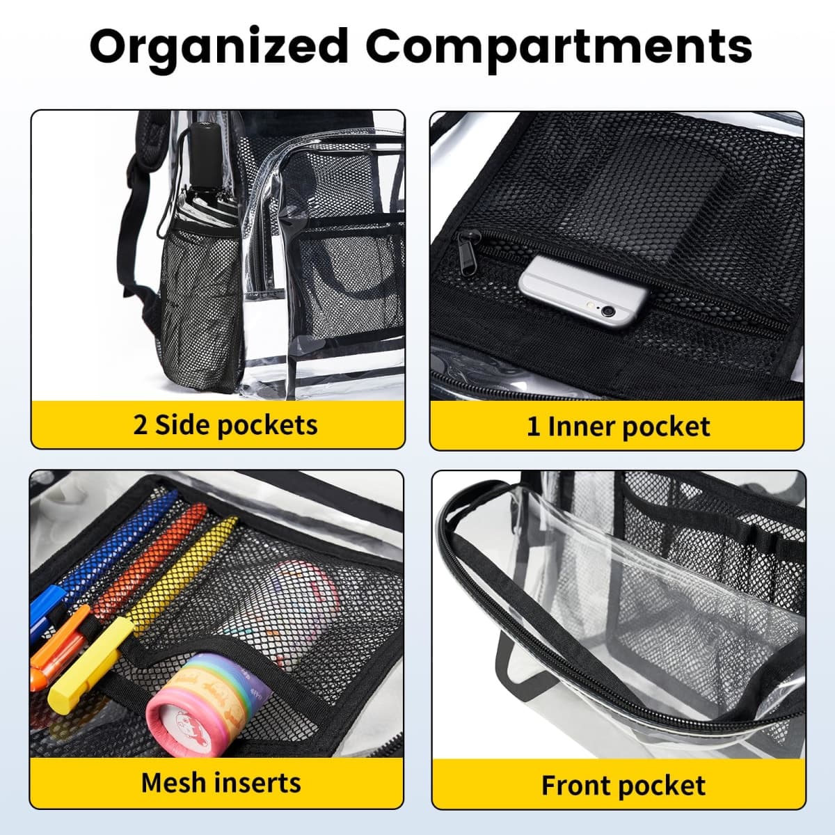 Vorspack Clear Backpack Heavy Duty - PVC Transparent Backpack Large Clear Book Bag for College Work, Black, Large, Clear thumbnail 4