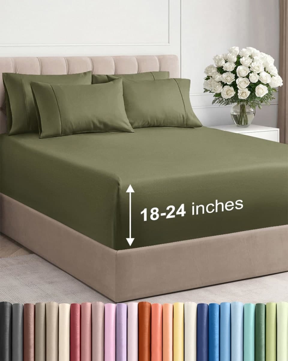 Extra Deep King Sheet Set - 6 Piece Breathable & Cooling Sheets - Hotel Luxury Bed Sheets Set - Easy & Secure Fit - Soft, Wrinkle Free & Comfy Sheets Set - Sage Green Sheet Set with Extra Deep Pockets — image 1