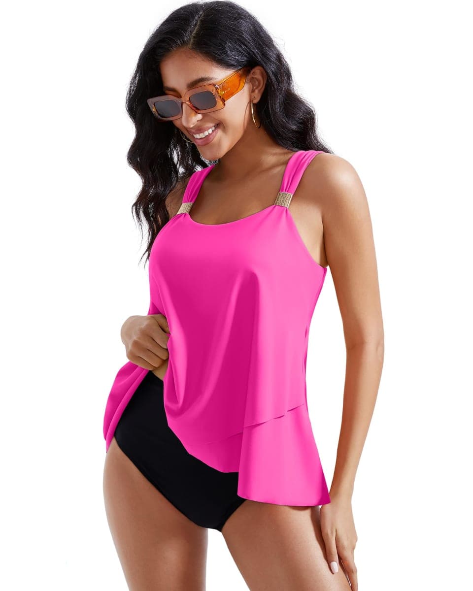RXRXCOCO Women Tankini Bathing Suits Ruffle High Waisted Swimsuit Tummy Control Swimwear, Rose Pink, XX-Large thumbnail 3