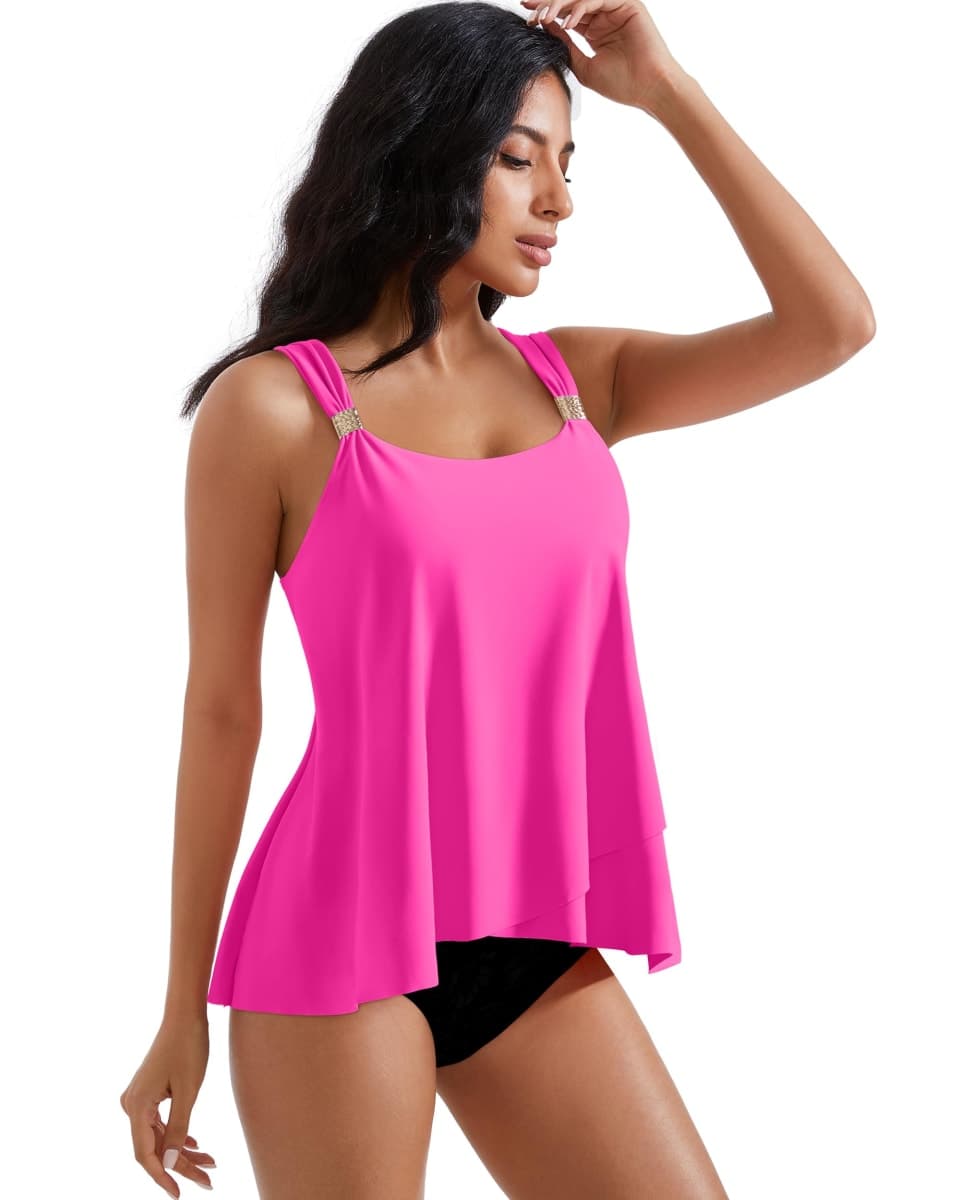 RXRXCOCO Women Tankini Bathing Suits Ruffle High Waisted Swimsuit Tummy Control Swimwear, Rose Pink, XX-Large thumbnail 4