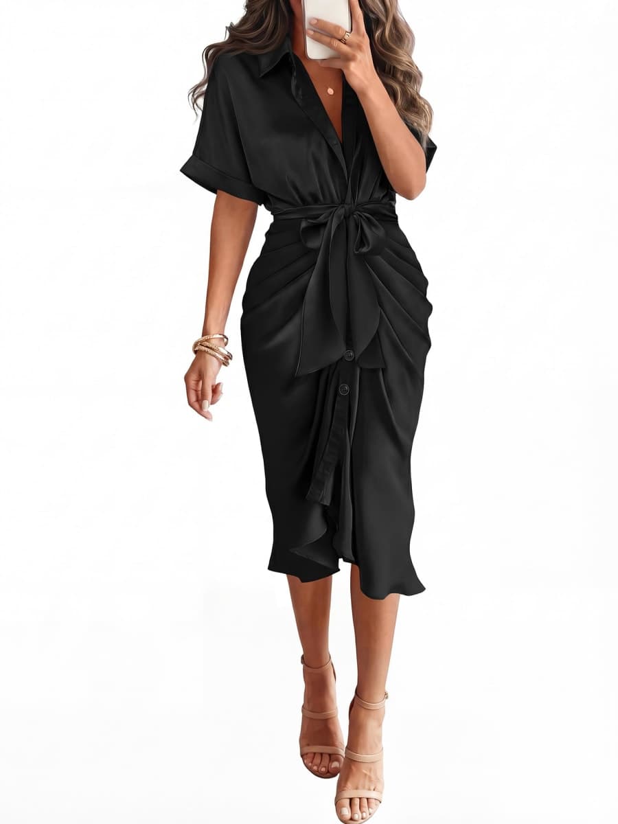 BTFBM Women Button Down Ruched Shirt Dresses Satin Short Sleeve Lapel V Neck Summer Maxi Dress 2026 Party Wedding Guest(Dusty Pink, Medium) — image 1