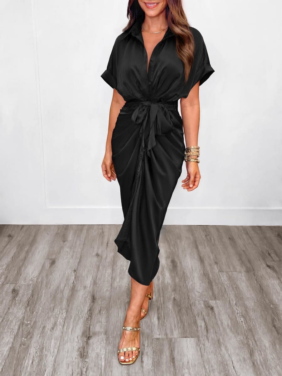 BTFBM Women Button Down Ruched Shirt Dresses Satin Short Sleeve Lapel V Neck Summer Maxi Dress 2026 Party Wedding Guest(Dusty Pink, Medium) thumbnail 2