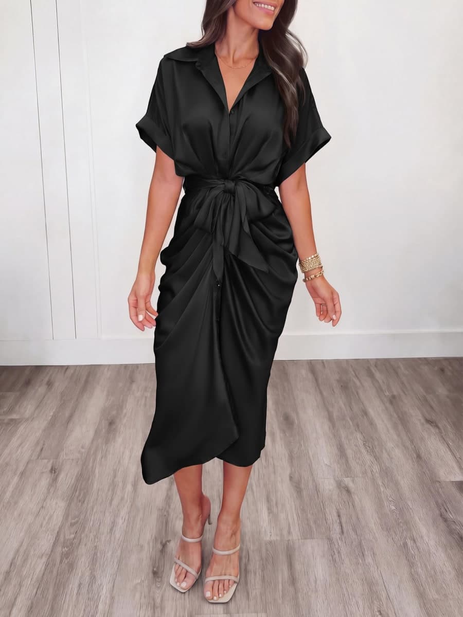 BTFBM Women Button Down Ruched Shirt Dresses Satin Short Sleeve Lapel V Neck Summer Maxi Dress 2026 Party Wedding Guest(Dusty Pink, Medium) thumbnail 3