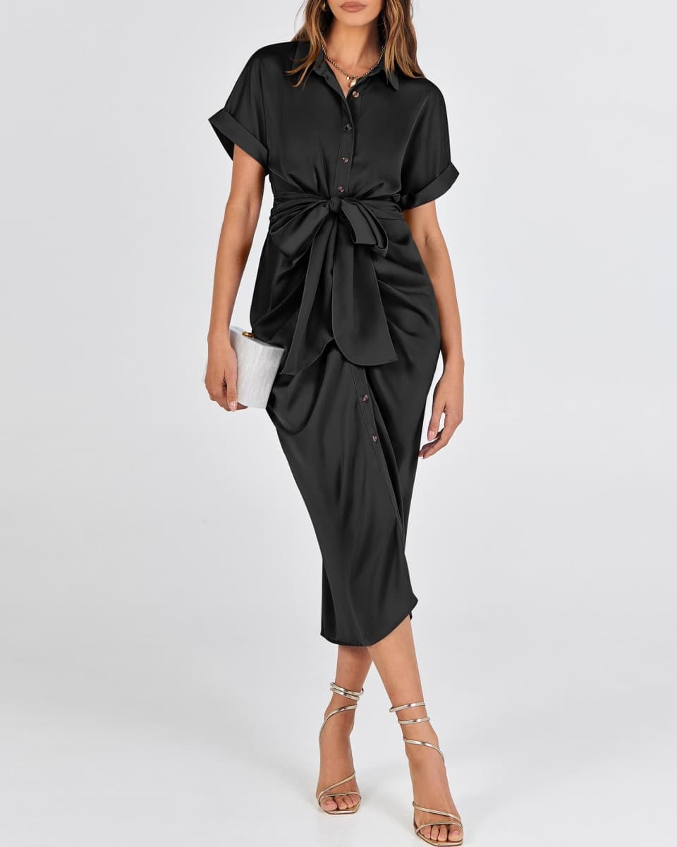 BTFBM Women Button Down Ruched Shirt Dresses Satin Short Sleeve Lapel V Neck Summer Maxi Dress 2026 Party Wedding Guest(Dusty Pink, Medium) thumbnail 4