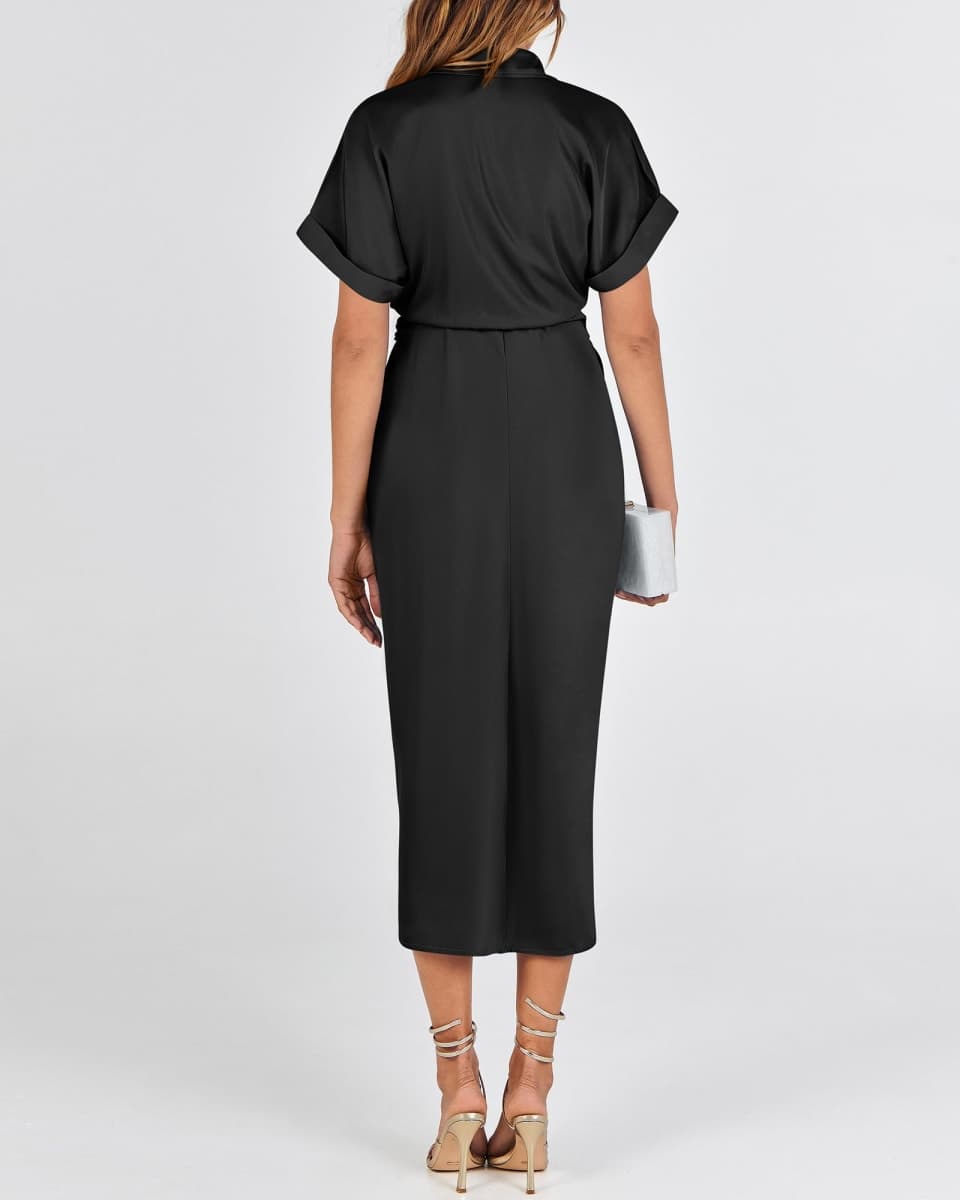 BTFBM Women Button Down Ruched Shirt Dresses Satin Short Sleeve Lapel V Neck Summer Maxi Dress 2026 Party Wedding Guest(Dusty Pink, Medium) thumbnail 5