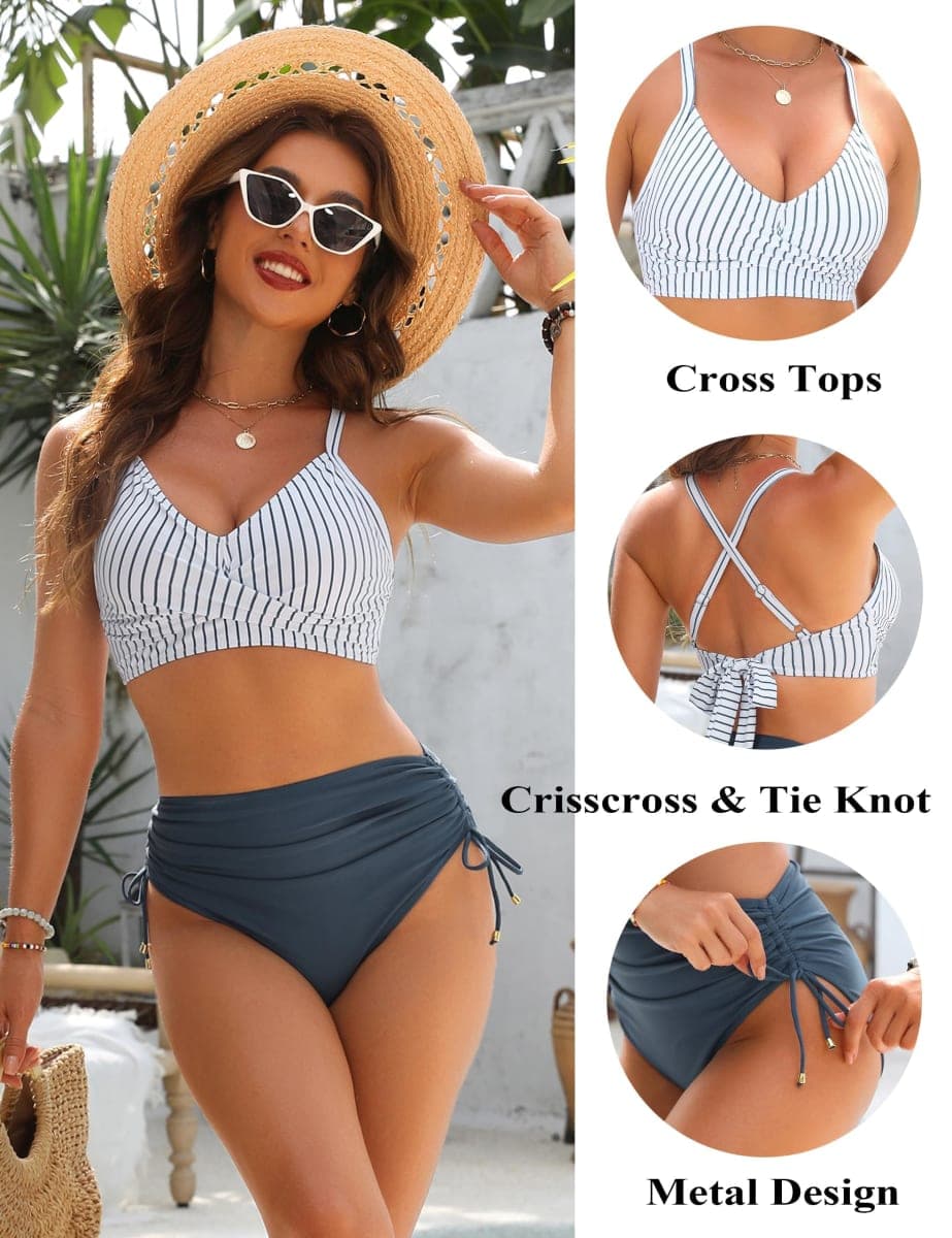 Blooming Jelly Womens High Waisted Bikini Sets Striped 2 Piece Bathing Suit Tummy Control Swimsuits (Large, Blue) thumbnail 5