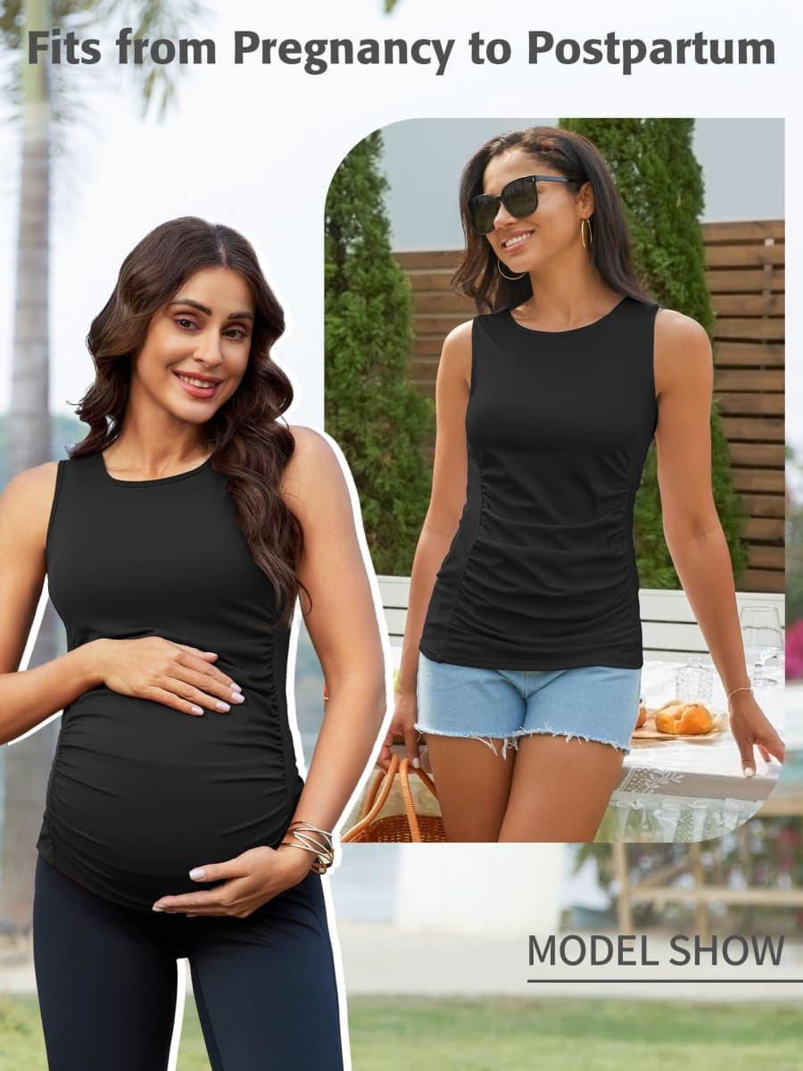 ATTRACO Women's Maternity Tank Tops with Built in Bra Side Ruched Sleeveless Pregnancy Tank, Black, Large thumbnail 5