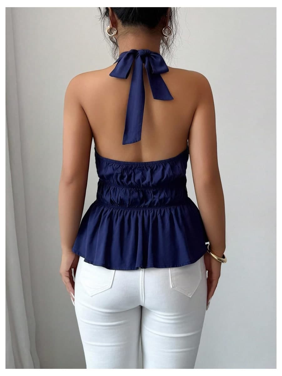 OYOANGLE Women's Open Back Tie Halter Peplum Cami Top Sleeveless Sexy Babydoll Shirts, Royal Blue, Small thumbnail 2