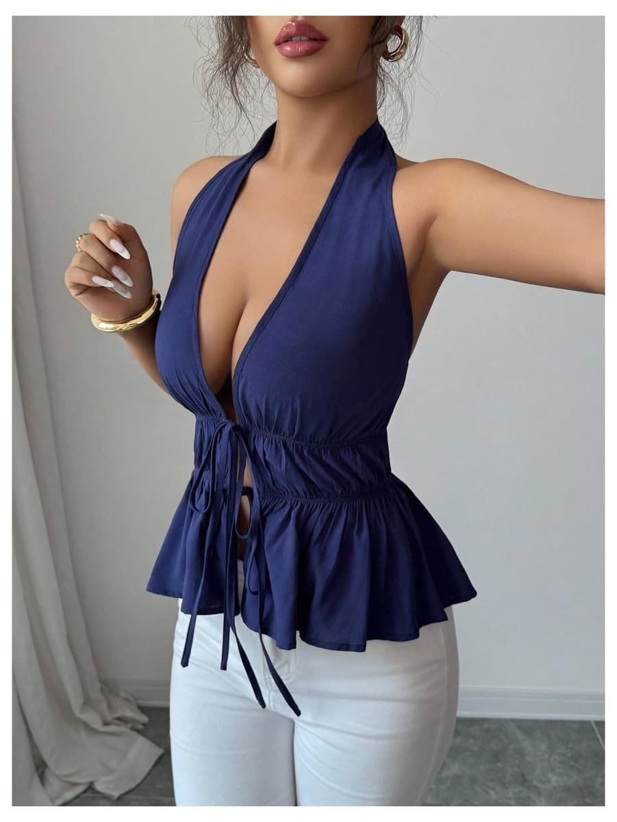 OYOANGLE Women's Open Back Tie Halter Peplum Cami Top Sleeveless Sexy Babydoll Shirts, Royal Blue, Small thumbnail 3