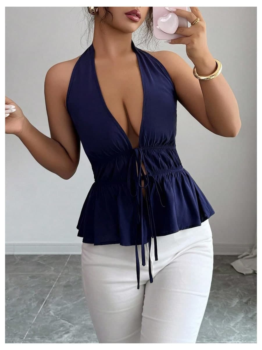 OYOANGLE Women's Open Back Tie Halter Peplum Cami Top Sleeveless Sexy Babydoll Shirts, Royal Blue, Small thumbnail 4