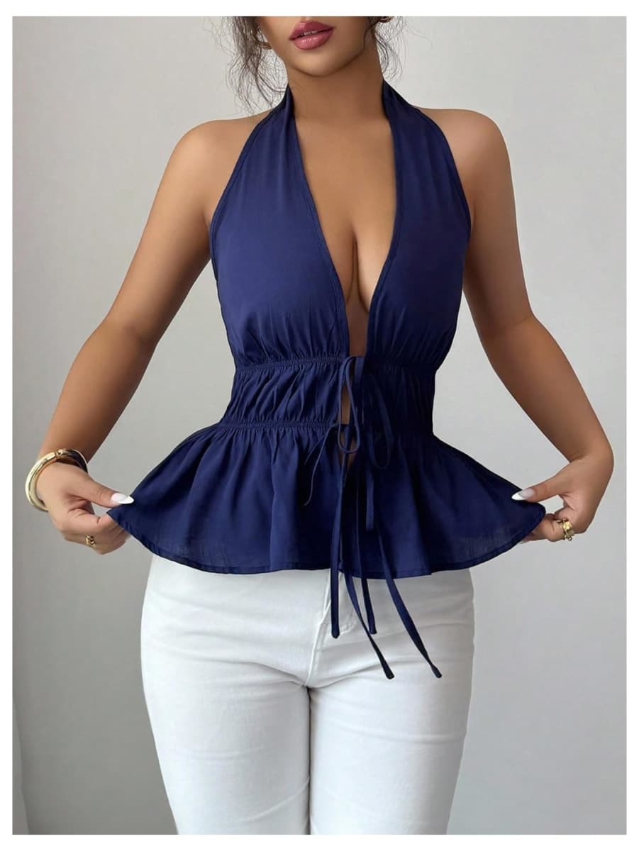 OYOANGLE Women's Open Back Tie Halter Peplum Cami Top Sleeveless Sexy Babydoll Shirts, Royal Blue, Small thumbnail 5