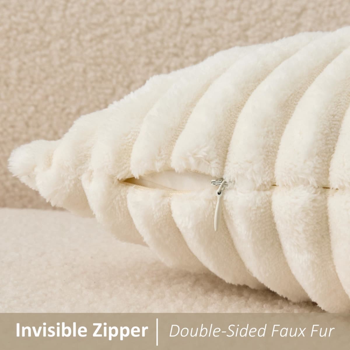 Kevin Textile Soft Plush 14x20 Inch Lumbar Pillow Cover 1 Pack, Luxury Fluffy Faux Fur Striped Flannel Rectangle Cushion Case for Couch Sofa Chair Bed Home Decor, Cream White thumbnail 3