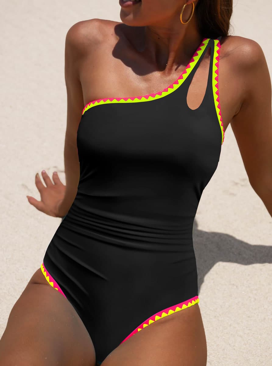 popvil Women's Sexy One Shoulder One Piece Bathing Suits Neon Color Block Swimsuits Slimming Mesh Swimwear, Black, Large thumbnail 4