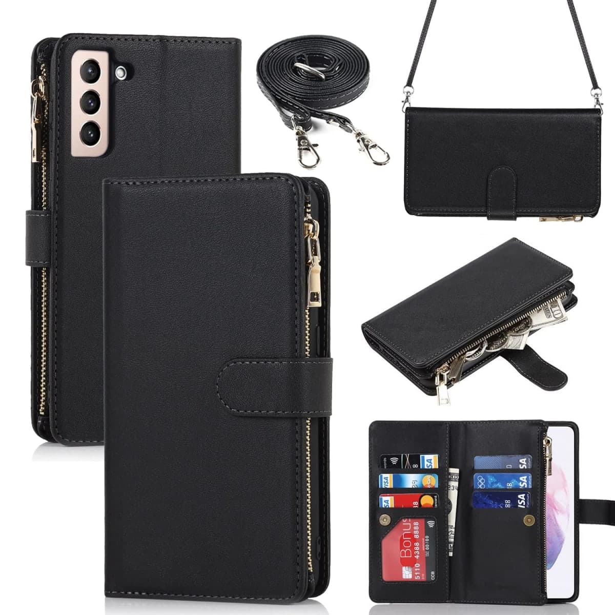 iCoverCase for Samsung Galaxy S21 Wallet Case with Card Holder, Kickstand Feature PU Leather Case with Adjustable Crossbody Lanyard Magnetic Clasp Zipper Pocket Flip Cover (Black) — image 1