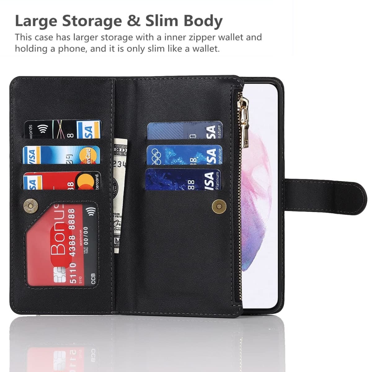 iCoverCase for Samsung Galaxy S21 Wallet Case with Card Holder, Kickstand Feature PU Leather Case with Adjustable Crossbody Lanyard Magnetic Clasp Zipper Pocket Flip Cover (Black) thumbnail 4