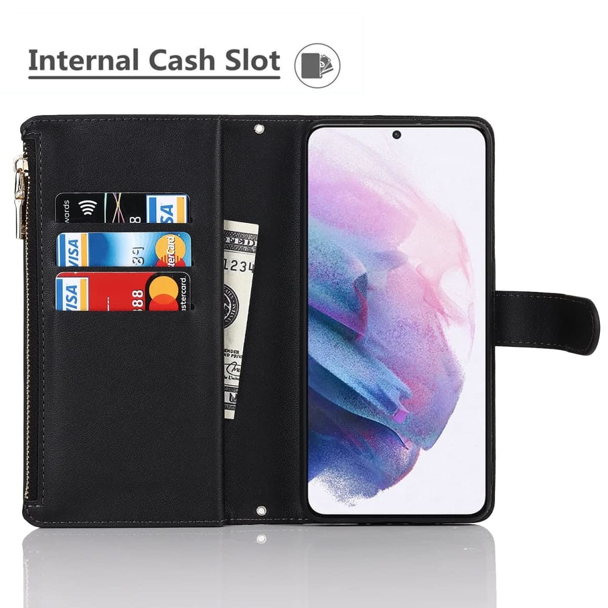 iCoverCase for Samsung Galaxy S21 Wallet Case with Card Holder, Kickstand Feature PU Leather Case with Adjustable Crossbody Lanyard Magnetic Clasp Zipper Pocket Flip Cover (Black) thumbnail 5