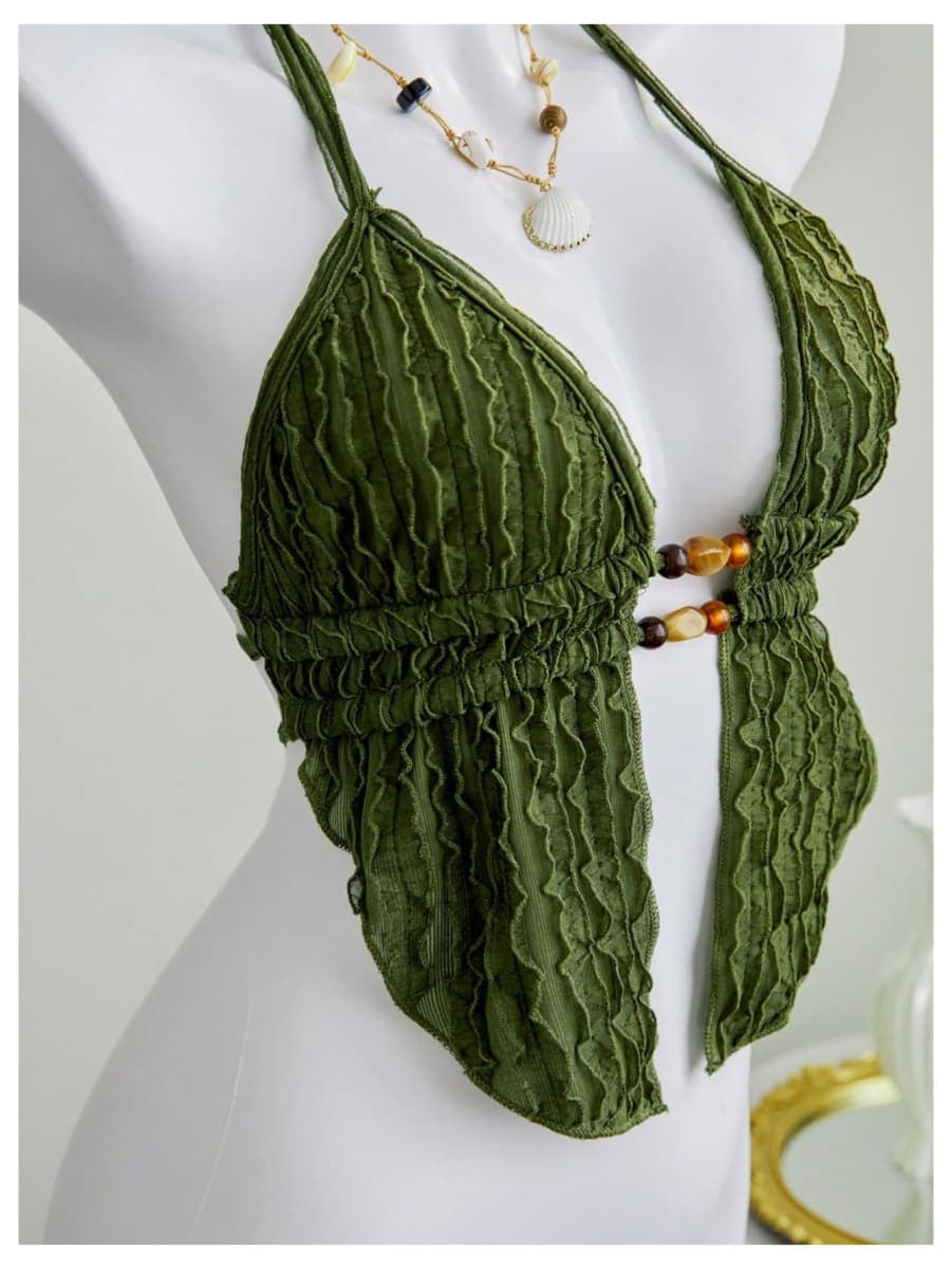 SOLY HUX Women's Tie Backless Halter Top Boho Deep V Neck Asymmetrical Tops Beach Vacation Clothes, Plain Army Green, X-Small thumbnail 4