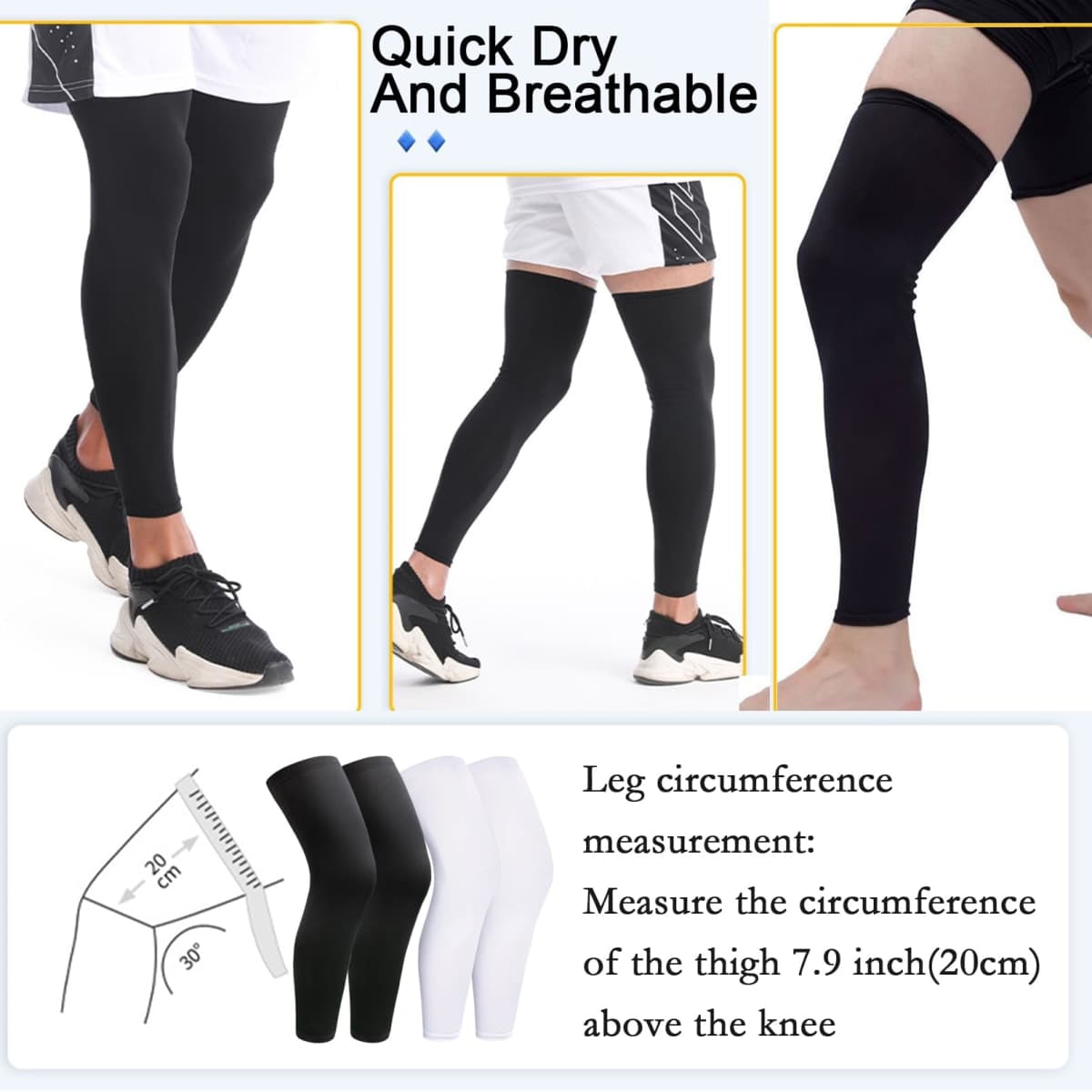 smilixin 2 Pairs Leg Sleeves,Full Leg Compression Sleeve for Men Women,Long Knee Sleeve with Anti-slip Silicone Strips, Black,white, Small thumbnail 2
