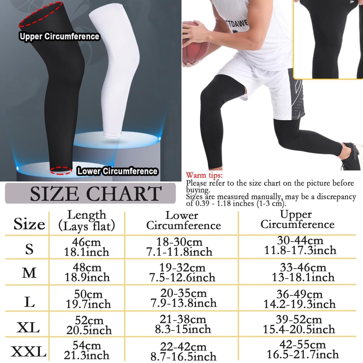smilixin 2 Pairs Leg Sleeves,Full Leg Compression Sleeve for Men Women,Long Knee Sleeve with Anti-slip Silicone Strips, Black,white, Small thumbnail 4