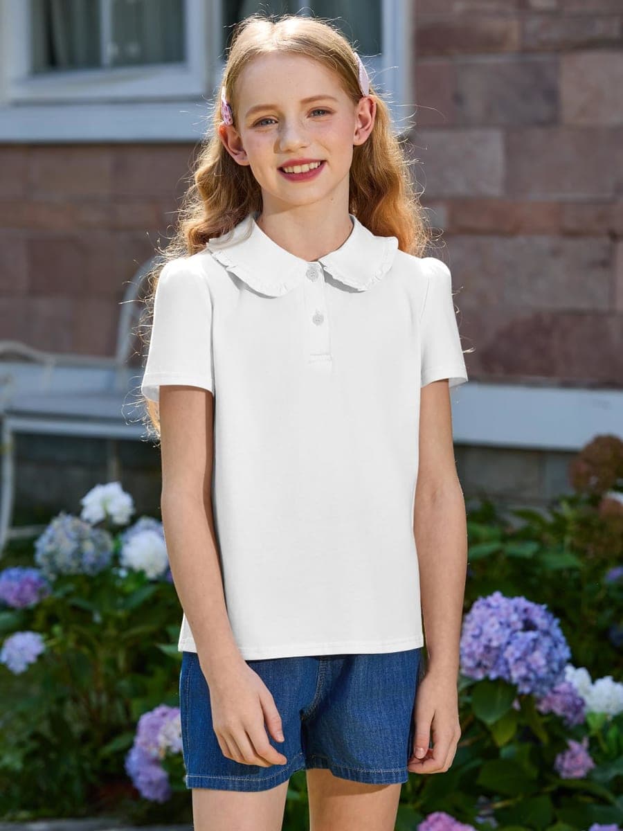 Haloumoning Girls Short Sleeve Polo Shirt Kids Cute Ruffle Peter Pan Collar School Uniform Shirts Tops 5-14 Years, White, 13-14 Years thumbnail 3