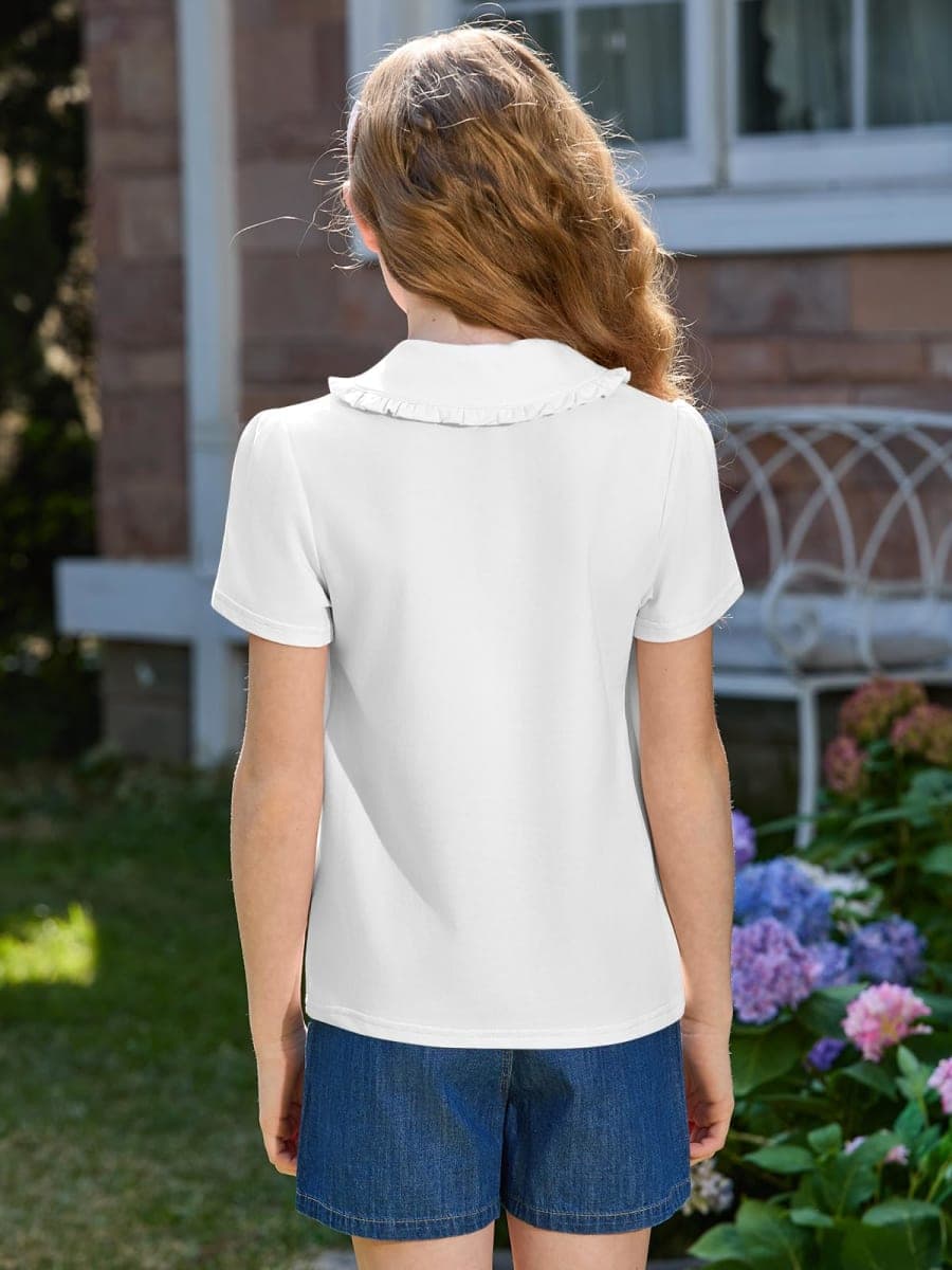 Haloumoning Girls Short Sleeve Polo Shirt Kids Cute Ruffle Peter Pan Collar School Uniform Shirts Tops 5-14 Years, White, 13-14 Years thumbnail 4