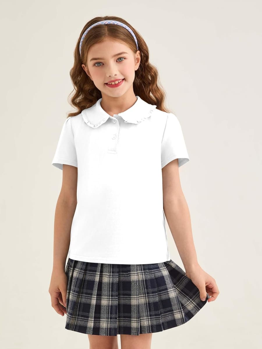 Haloumoning Girls Short Sleeve Polo Shirt Kids Cute Ruffle Peter Pan Collar School Uniform Shirts Tops 5-14 Years, White, 13-14 Years thumbnail 5