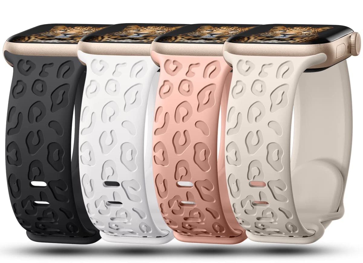 4Pack Leopard Engraved Bands Compatible with Apple Watch Band for women 40mm 41mm 38mm, Soft Silicone Cheetah Sport Strap for iWatch Series 10 9 8 7 6 5 4 3 2 1 SE Ultra/Ultra 2-4PCS-A — image 1