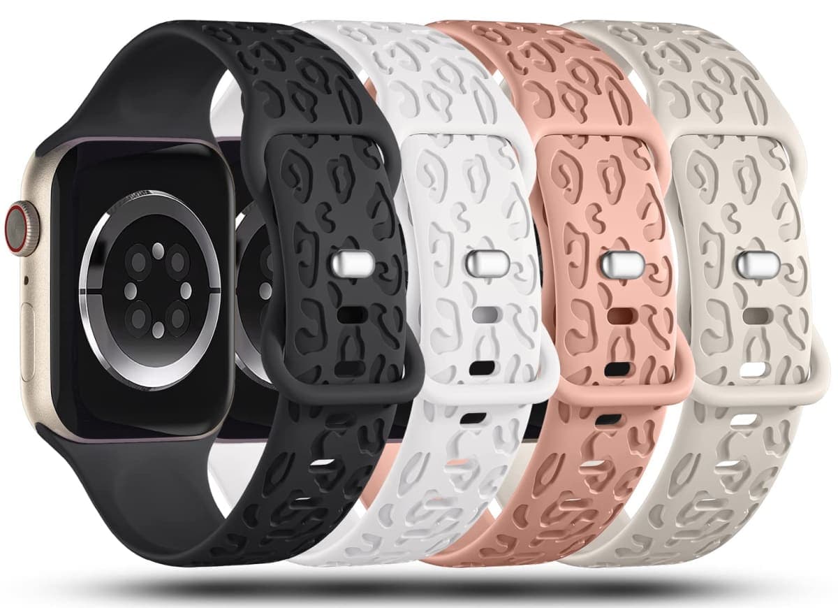 4Pack Leopard Engraved Bands Compatible with Apple Watch Band for women 40mm 41mm 38mm, Soft Silicone Cheetah Sport Strap for iWatch Series 10 9 8 7 6 5 4 3 2 1 SE Ultra/Ultra 2-4PCS-A thumbnail 2