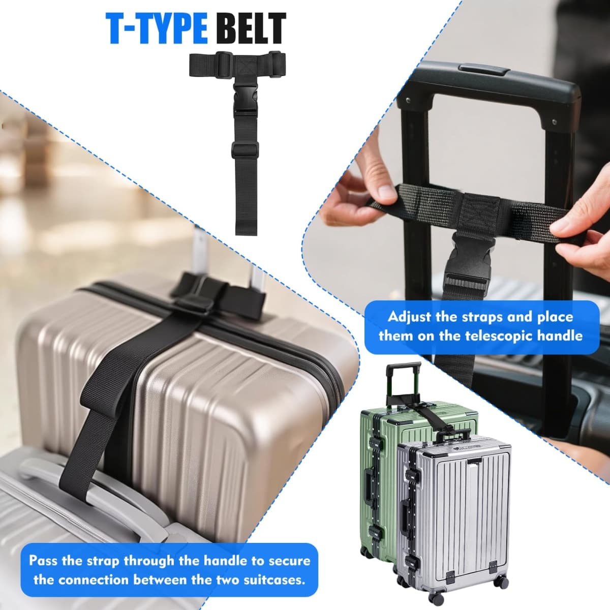 2 Pack T-Bar Luggage Straps, Luggage Straps to Connect Two Suitcases,Luggage Connector Straps Extra Long Nylon Straps with Lightweight Design (Black) thumbnail 4