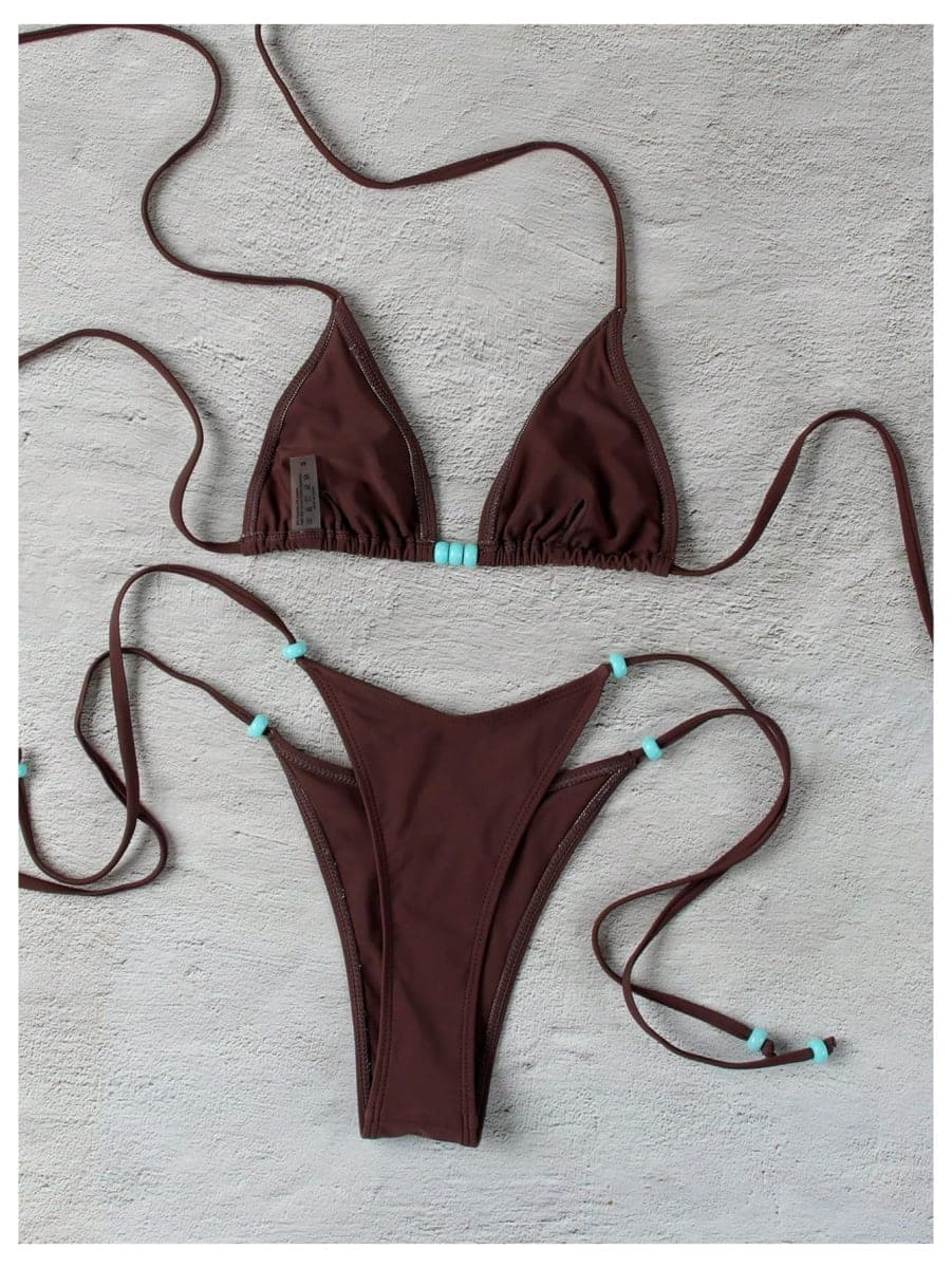 WDIRARA Women's 2 Piece Bikini Set Triangle Halter String Swimsuit Beaded Bathing Suit, Brown, Medium thumbnail 2