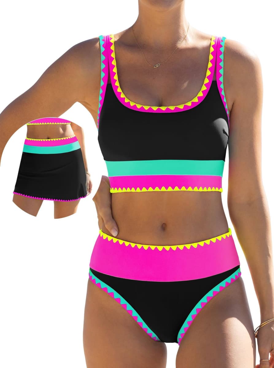 popvil High Waisted Bikini Sets for Women Tummy Control Swimsuits 3 Piece Bathing Suits Neon Swimwear with Skirt 2026, Black, X-Large — image 1