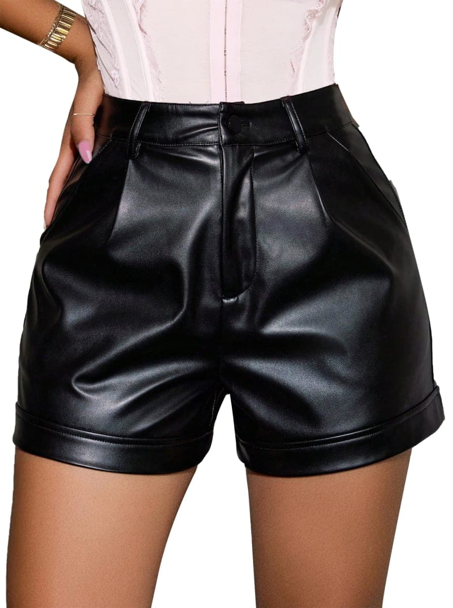 Avanova Women Faux Leather High Waisted Shorts Pleated Casual Summer Shorts, Black, Medium — image 1