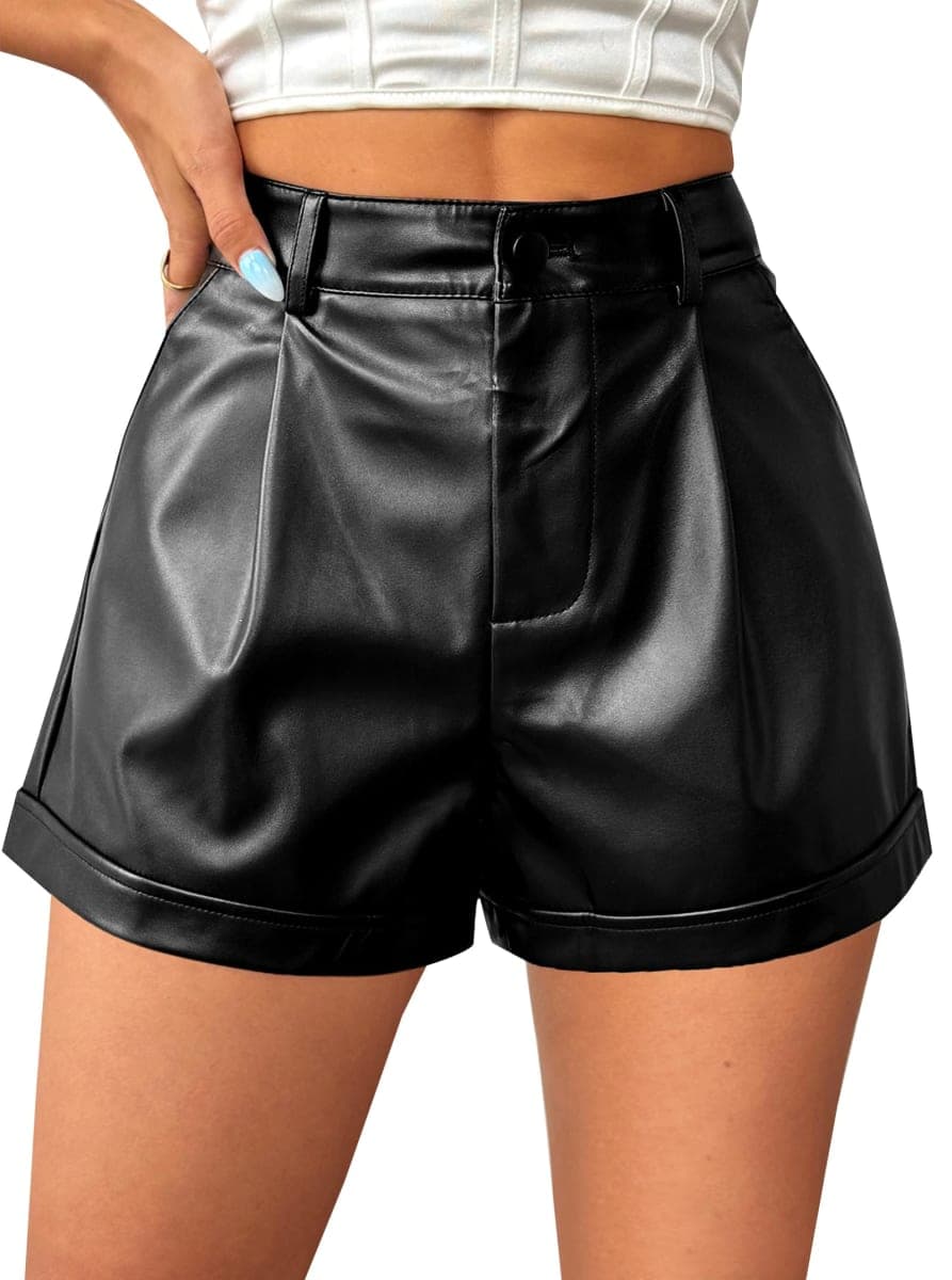 Avanova Women Faux Leather High Waisted Shorts Pleated Casual Summer Shorts, Black, Medium thumbnail 4