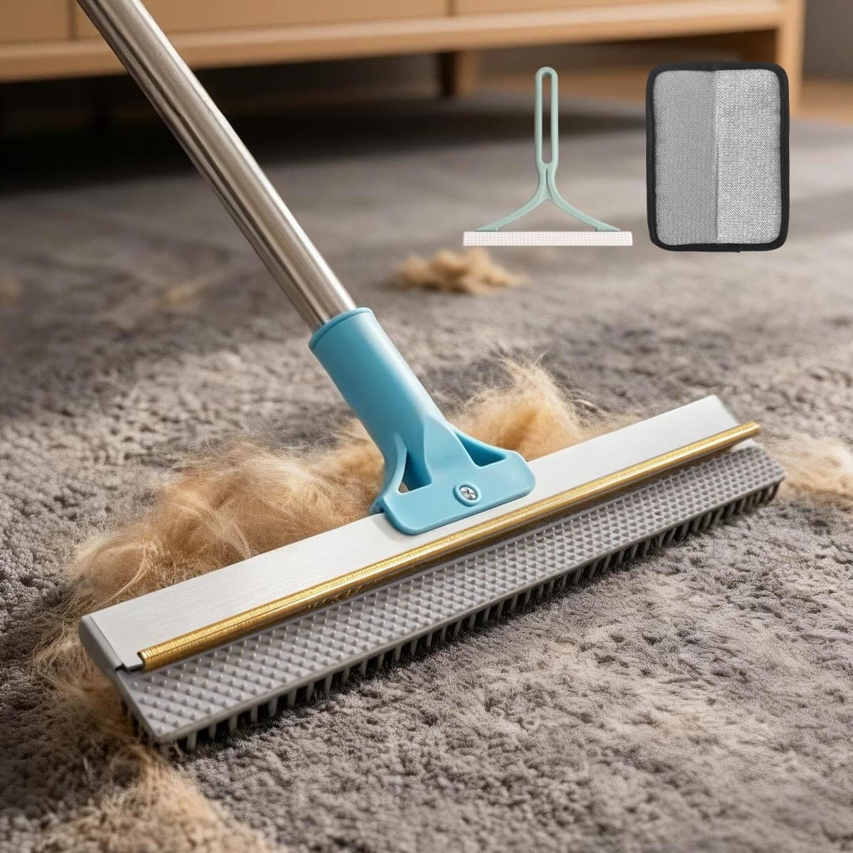 BFNN Carpet Rake for Pet Hair Removal | Reusable Dual-Action Carpet Broom Tool with Metal Scraper & Silicone Brush | 54" Adjustable Handle | 3Pcs Cat & Dog Fur Cleaning Kit for Rugs, Couch & Furniture — image 1