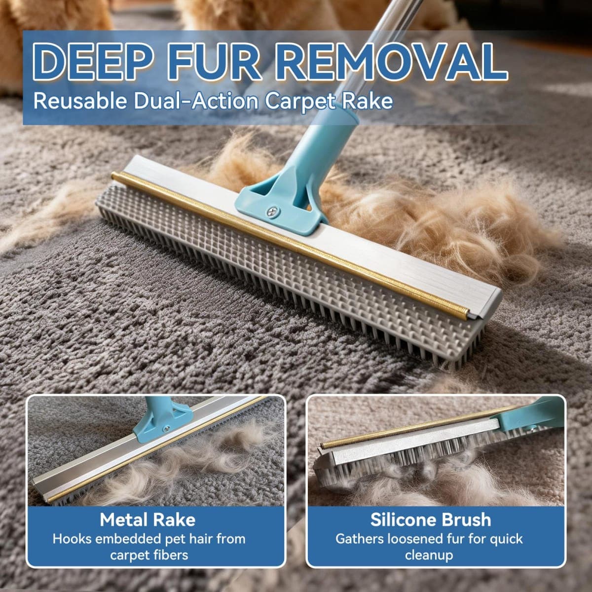BFNN Carpet Rake for Pet Hair Removal | Reusable Dual-Action Carpet Broom Tool with Metal Scraper & Silicone Brush | 54" Adjustable Handle | 3Pcs Cat & Dog Fur Cleaning Kit for Rugs, Couch & Furniture thumbnail 2