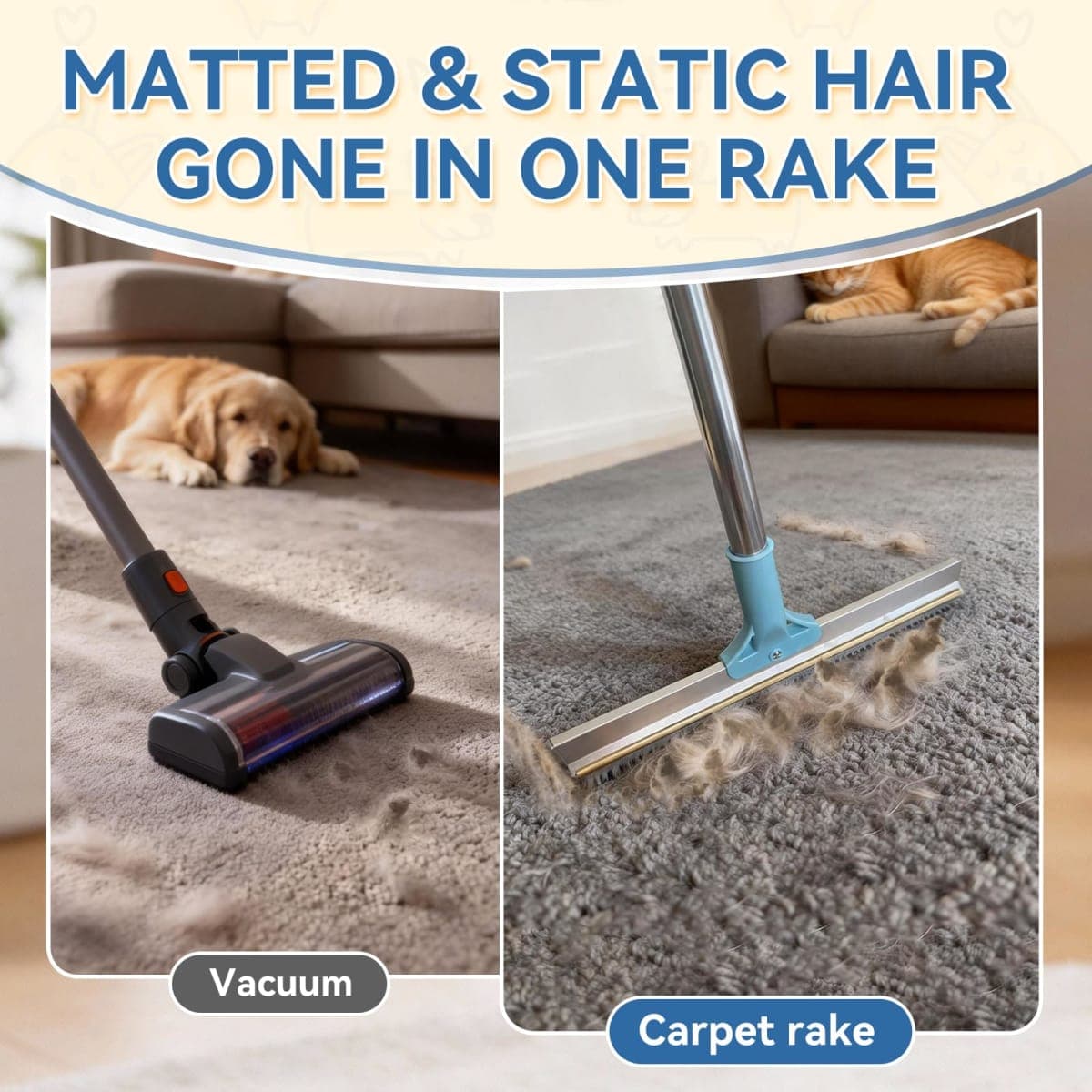 BFNN Carpet Rake for Pet Hair Removal | Reusable Dual-Action Carpet Broom Tool with Metal Scraper & Silicone Brush | 54" Adjustable Handle | 3Pcs Cat & Dog Fur Cleaning Kit for Rugs, Couch & Furniture thumbnail 3