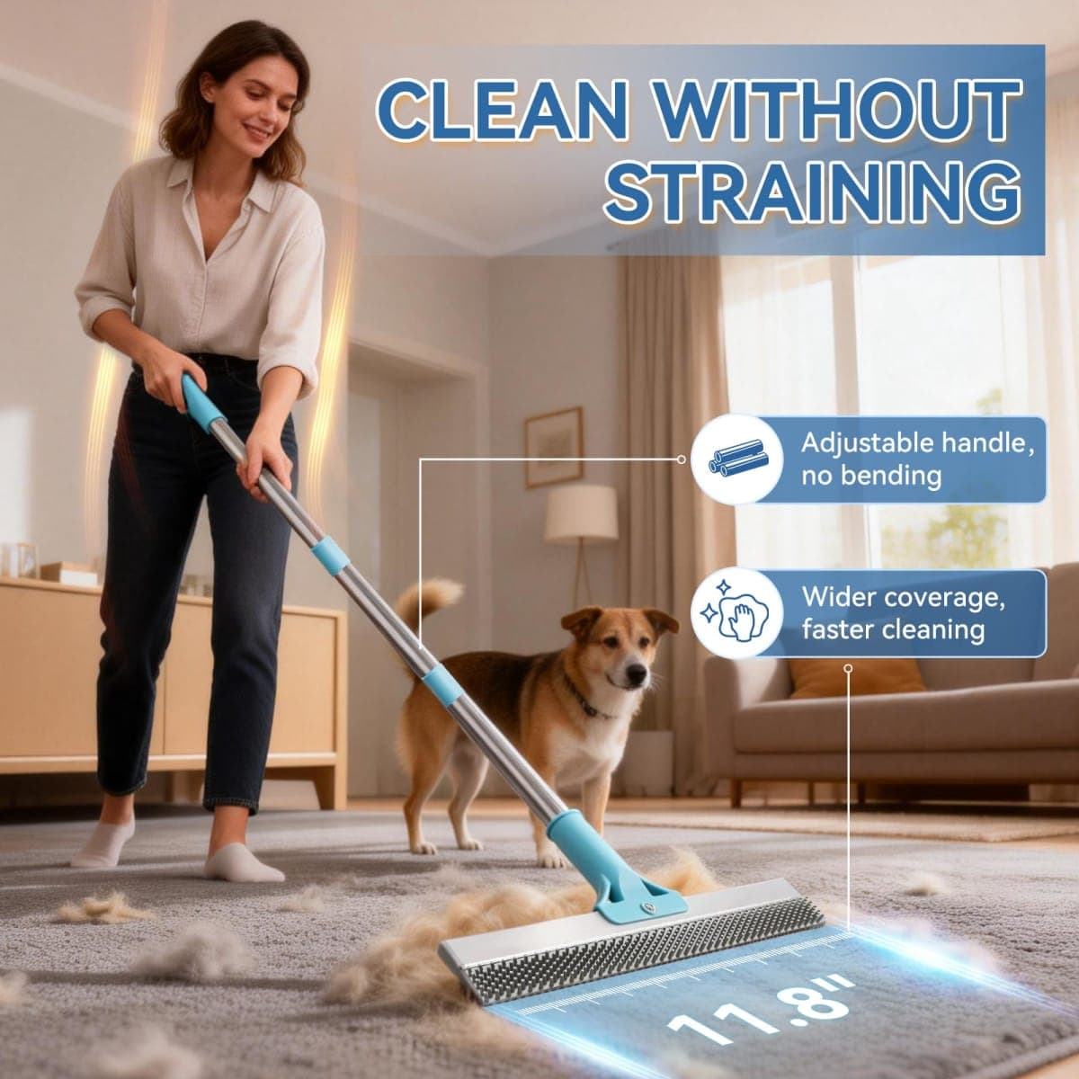 BFNN Carpet Rake for Pet Hair Removal | Reusable Dual-Action Carpet Broom Tool with Metal Scraper & Silicone Brush | 54" Adjustable Handle | 3Pcs Cat & Dog Fur Cleaning Kit for Rugs, Couch & Furniture thumbnail 4