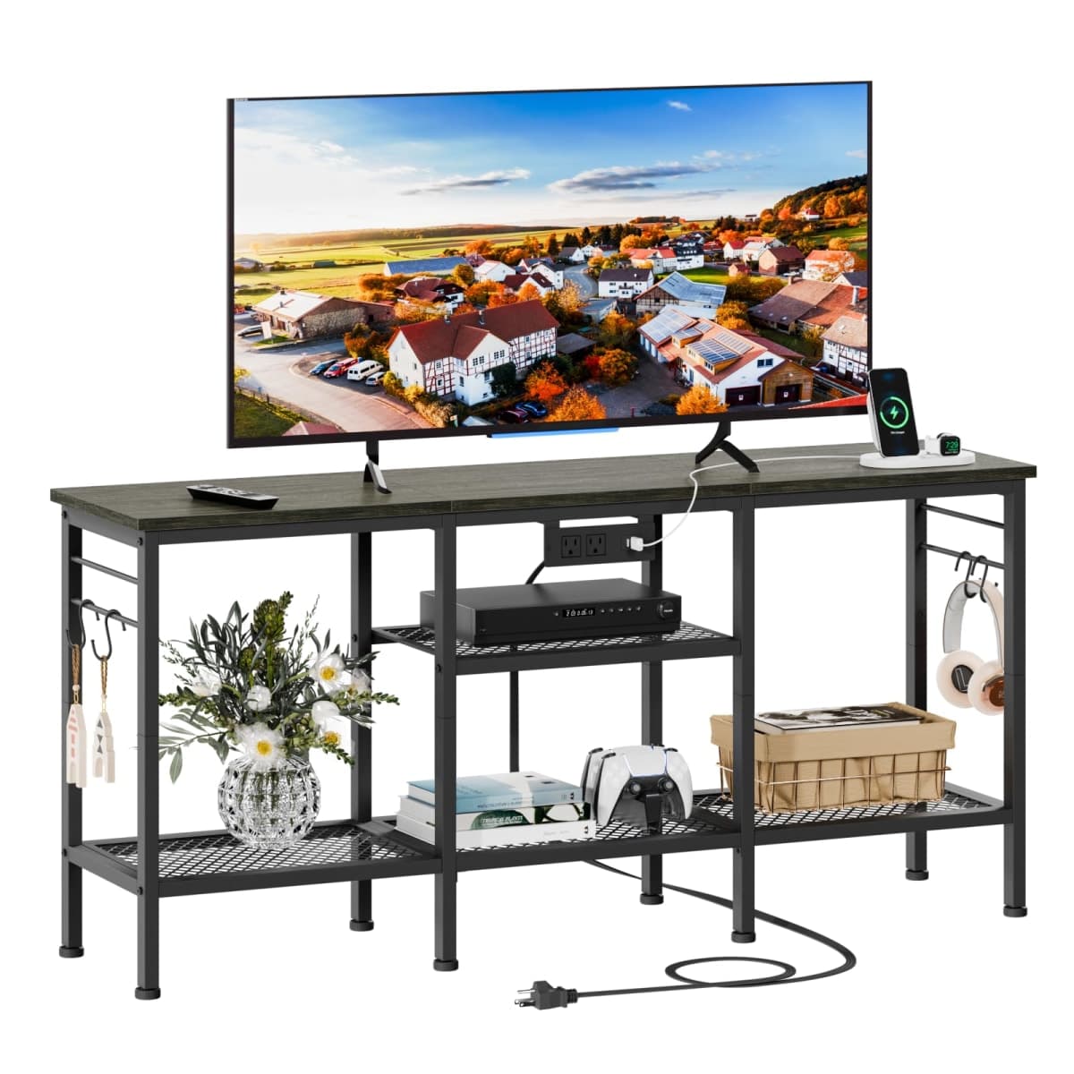Furologee TV Stand with Power Outlets, Entertainment Center with Open Storage Shelves for TVs up to 55 Inch, TV Media Console Table with Soundbar Shelf for Living Room, Bedroom, Black Oak — image 1
