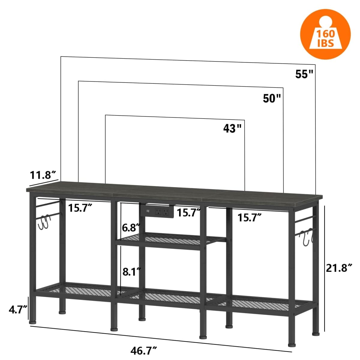 Furologee TV Stand with Power Outlets, Entertainment Center with Open Storage Shelves for TVs up to 55 Inch, TV Media Console Table with Soundbar Shelf for Living Room, Bedroom, Black Oak thumbnail 2