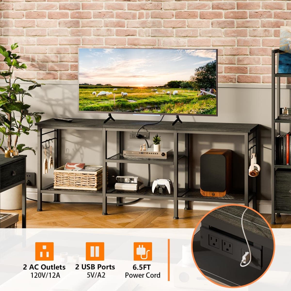 Furologee TV Stand with Power Outlets, Entertainment Center with Open Storage Shelves for TVs up to 55 Inch, TV Media Console Table with Soundbar Shelf for Living Room, Bedroom, Black Oak thumbnail 3