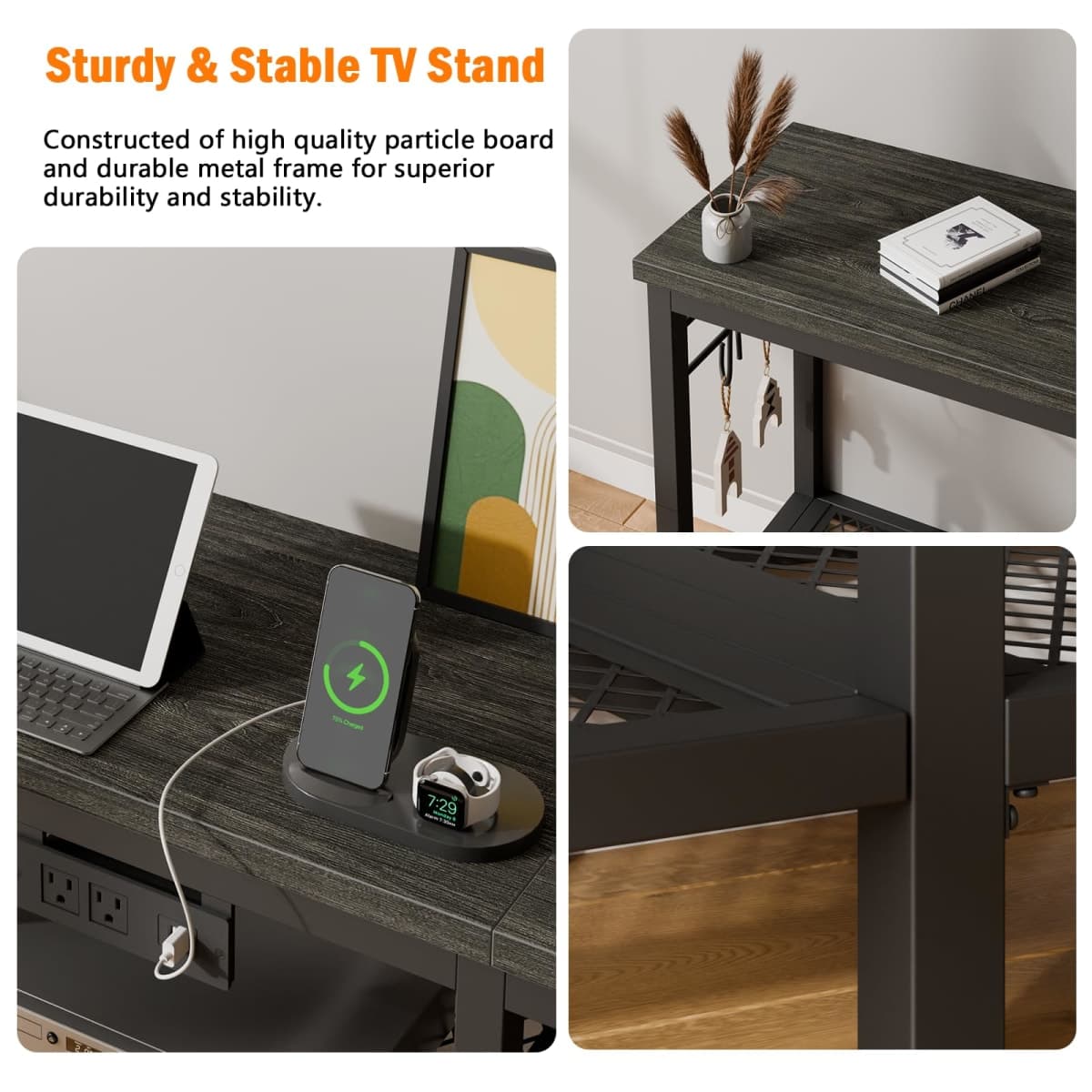 Furologee TV Stand with Power Outlets, Entertainment Center with Open Storage Shelves for TVs up to 55 Inch, TV Media Console Table with Soundbar Shelf for Living Room, Bedroom, Black Oak thumbnail 4