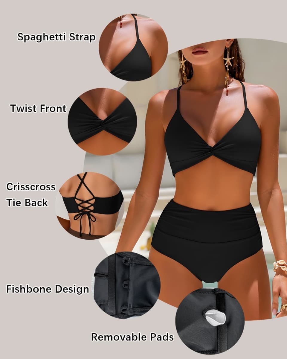 Twist Front Crisscross Back Bikini Top V Neck Self Tie Padded Swimsuit Bathing Suit Tops Only for Women, Black, X-Large thumbnail 5