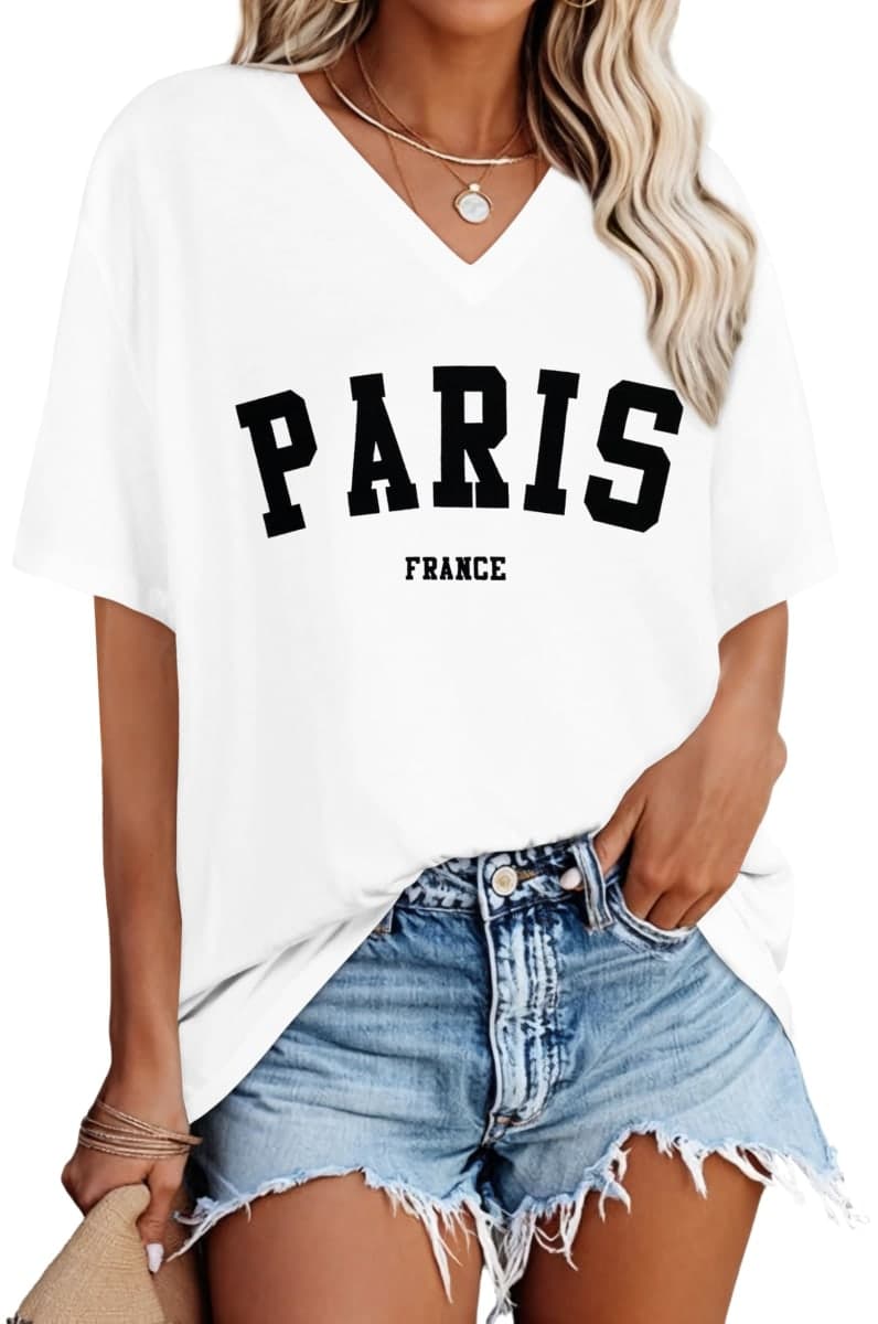 Oversized Tshirts for Women V Neck Short Sleeve Summer Casual Basic Loose Tops, Aa-white Black Letters, 3X-Large — image 1