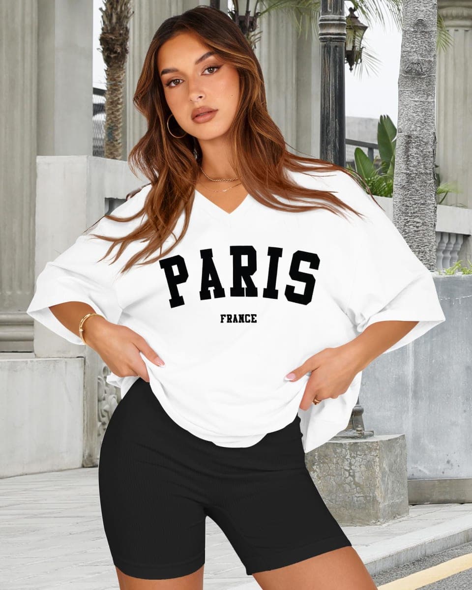 Oversized Tshirts for Women V Neck Short Sleeve Summer Casual Basic Loose Tops, Aa-white Black Letters, 3X-Large thumbnail 2