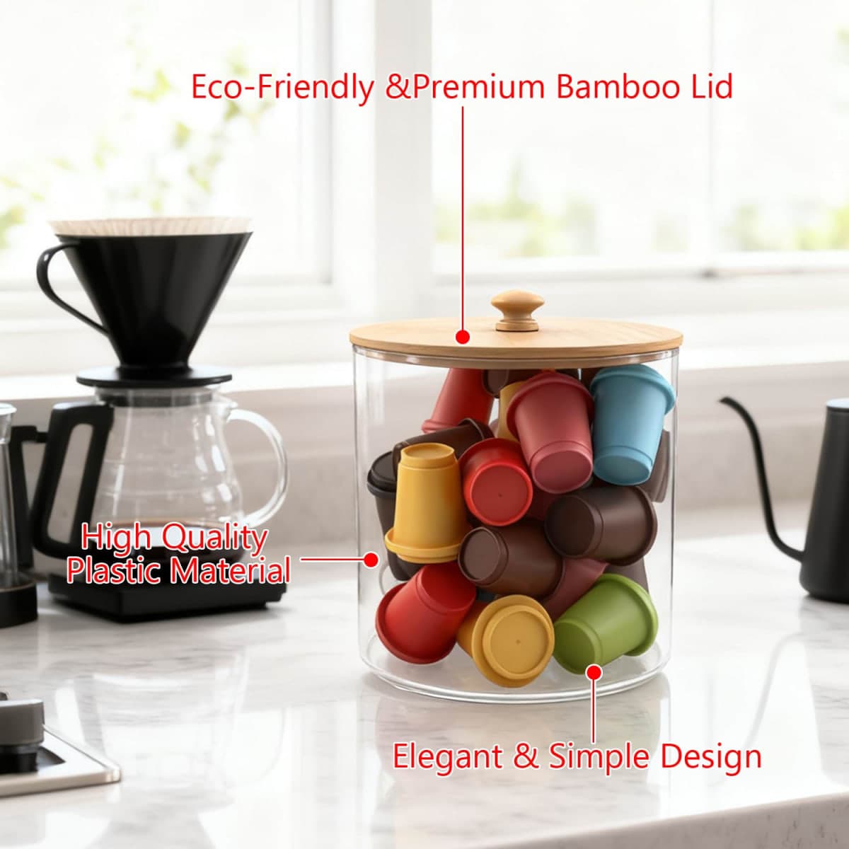 yaenoei 2 Pack Coffee Pod Holder with Bamboo Lid, Clear Coffee Pods Storage Basket Large Capacity K Cup Holder for Kitchen Countertop, Coffee Filter Holder, Cafe Bar Organizer, Office Desktop thumbnail 4