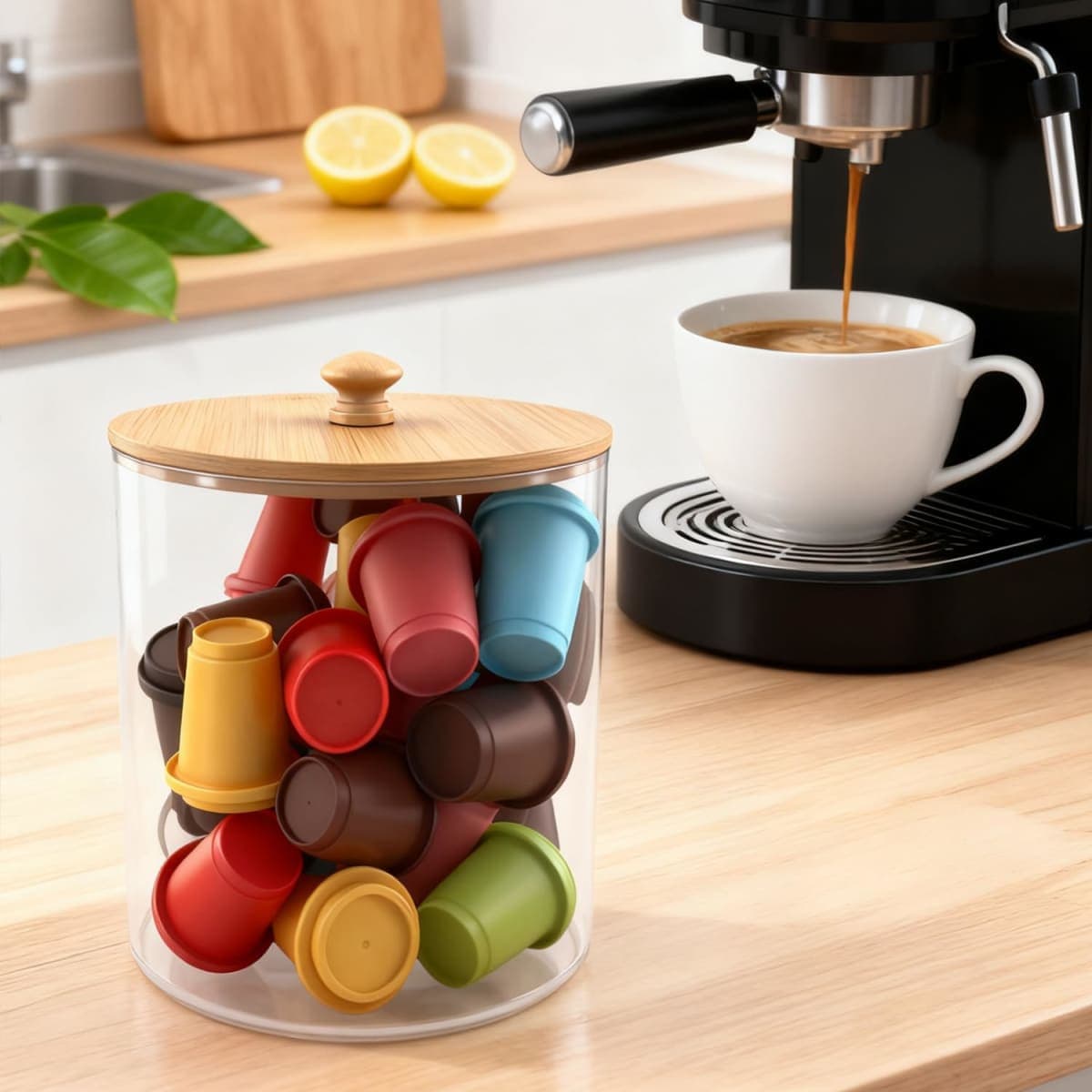 yaenoei 2 Pack Coffee Pod Holder with Bamboo Lid, Clear Coffee Pods Storage Basket Large Capacity K Cup Holder for Kitchen Countertop, Coffee Filter Holder, Cafe Bar Organizer, Office Desktop thumbnail 5