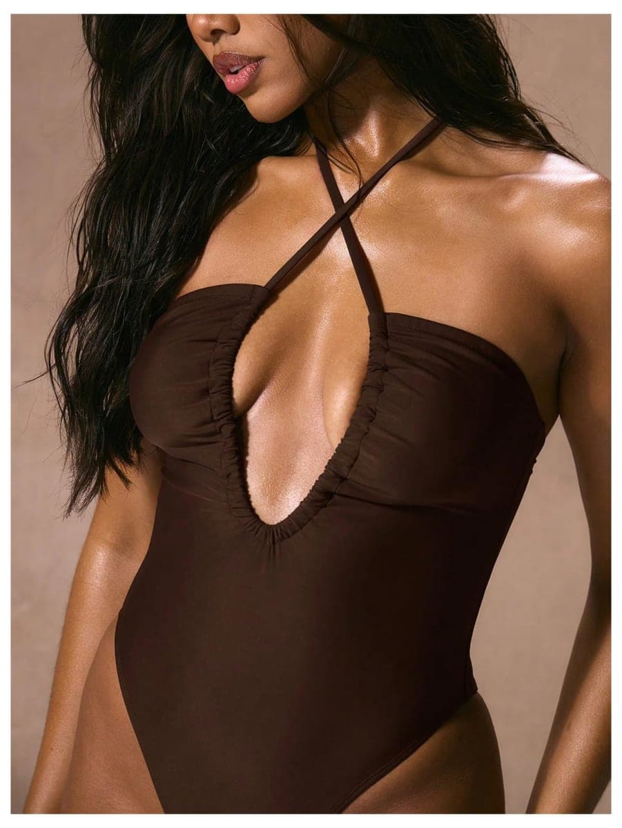 SweatyRocks Women's Criss Cross Halter One Piece Swimsuit Cutout High Cut Tummy Control Bathing Suit, Chocolate Brown, X-Large thumbnail 4