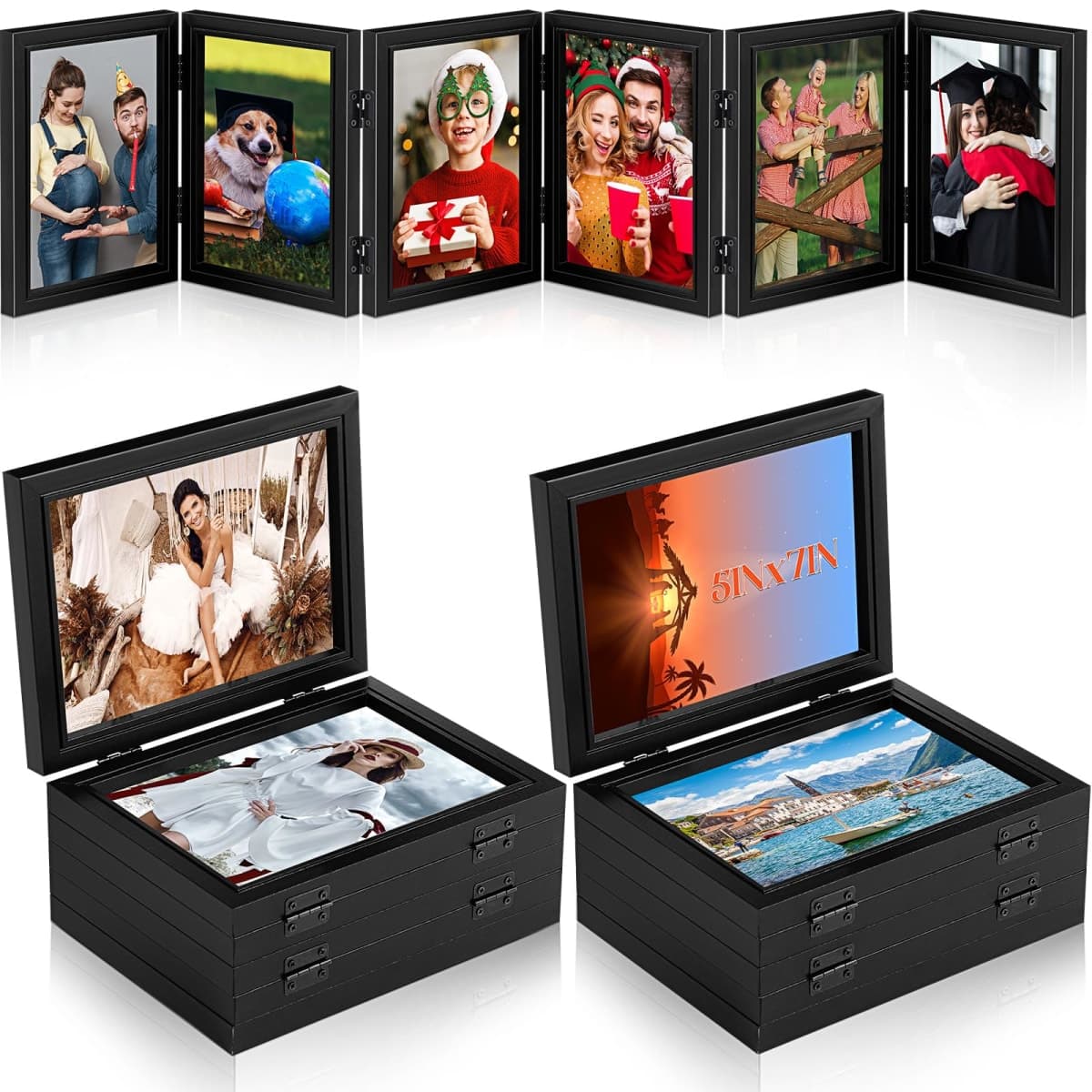 Sintuff 2 Pack 6 Folding Picture Frame Foldable Hinged Photo Frame Collage Natural Wood Photo Frame with High Definition Acrylic Rustic Desktop, Family Graduation Birthday Mother's Day (Black,5x7 in) — image 1