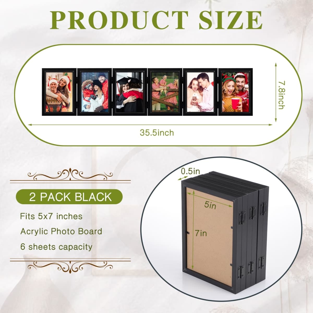 Sintuff 2 Pack 6 Folding Picture Frame Foldable Hinged Photo Frame Collage Natural Wood Photo Frame with High Definition Acrylic Rustic Desktop, Family Graduation Birthday Mother's Day (Black,5x7 in) thumbnail 2