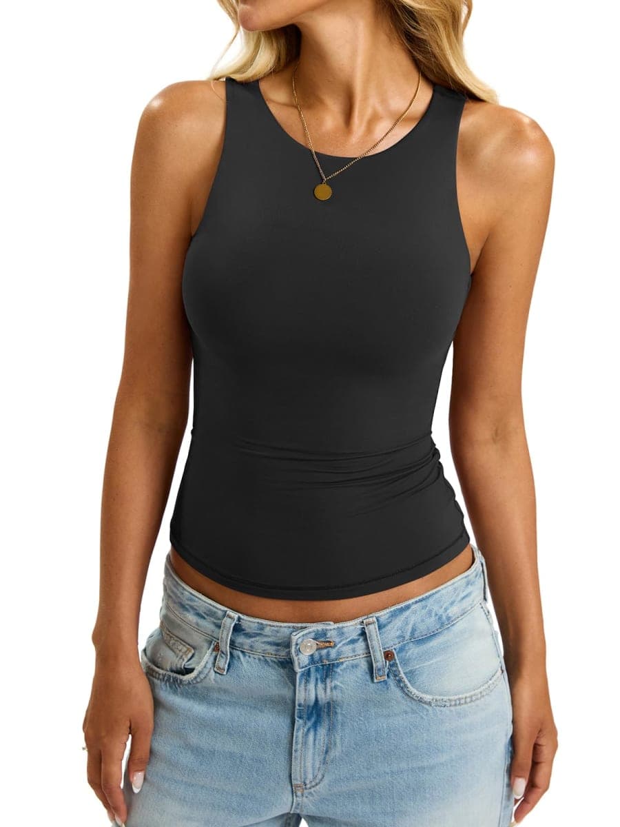 EasyGala Womens Padded Tank Tops Built-in Bra Double Lined Crew High Neck Racerback Basic Slim Fitted Sleeveless Shirts, Black, X-Small thumbnail 2